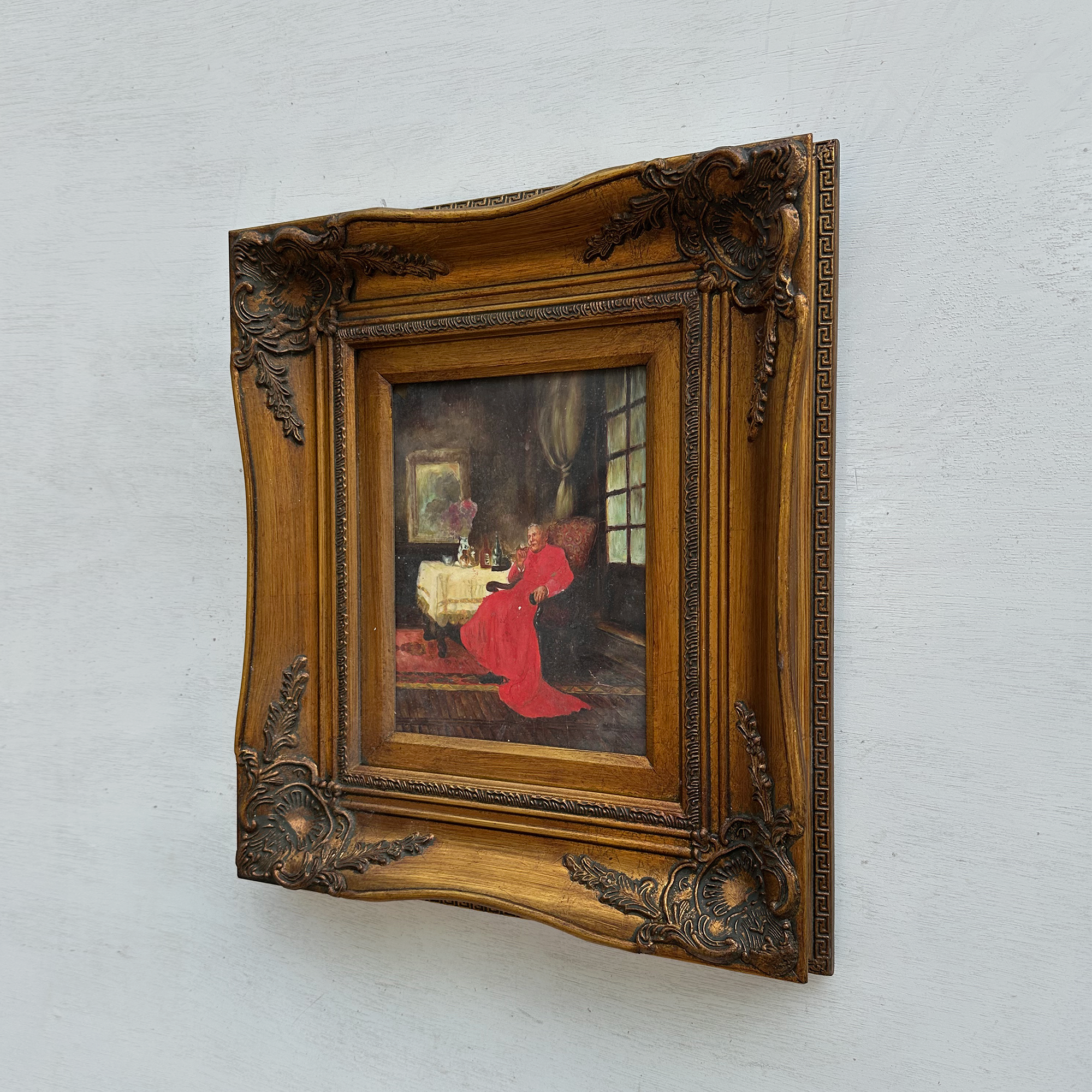 Vintage Catholic Cardinal Oil Painting, Framed European Religious Figure Art (16.1×18.1 in)