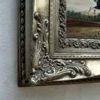 Vintage Horse Oil Painting, Black and White Rearing Horse Artwork, Ornate Silver Gold Framed Collectible Art 18.5×16.5 in