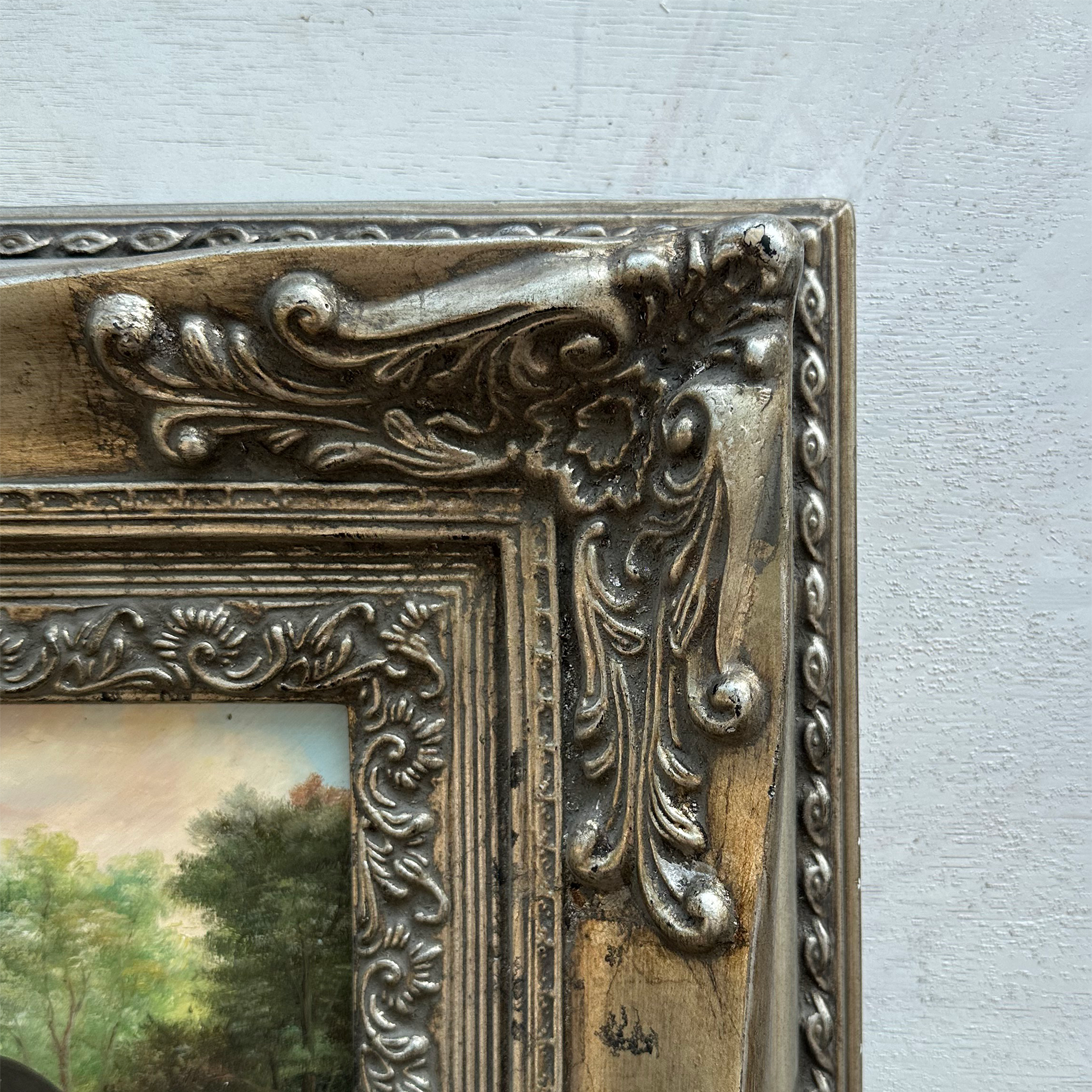 Vintage Horse Oil Painting, Black and White Rearing Horse Artwork, Ornate Silver Gold Framed Collectible Art 18.5×16.5 in