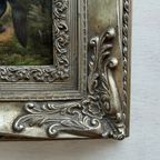 Vintage Horse Oil Painting, Black and White Rearing Horse Artwork, Ornate Silver Gold Framed Collectible Art 18.5×16.5 in