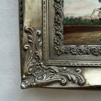 Vintage Horse Oil Painting, Black and White Rearing Horse Artwork, Ornate Silver Gold Framed Collectible Art 18.5×16.5 in