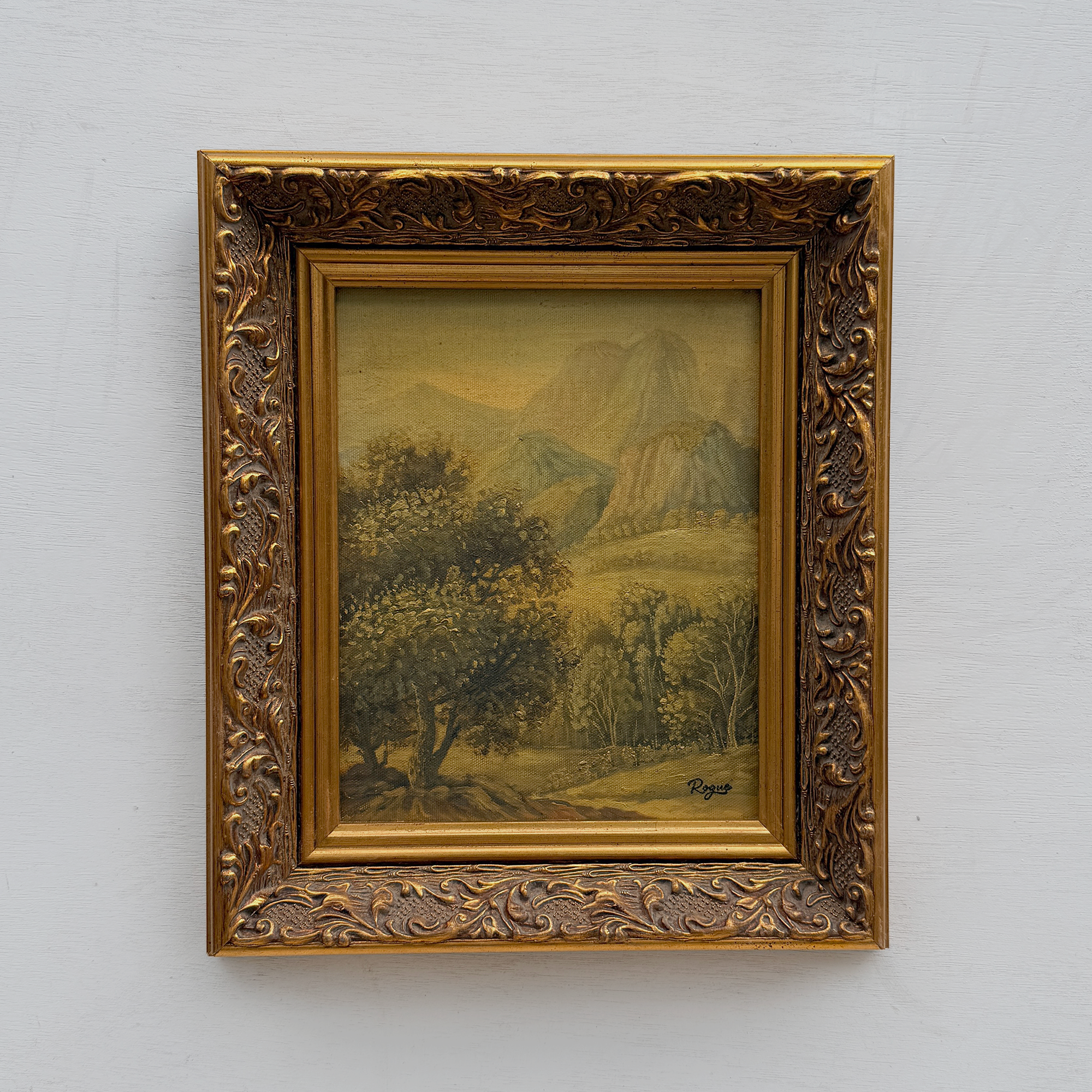 Vintage European Landscape Oil Painting, Mountain Valley Scenery Artwork with Gold Frame 31 × 36 cm