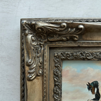 Vintage Horse Oil Painting, Black and White Rearing Horse Artwork, Ornate Silver Gold Framed Collectible Art 18.5×16.5 in