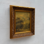 Vintage European Landscape Oil Painting, Mountain Valley Scenery Artwork with Gold Frame 31 × 36 cm