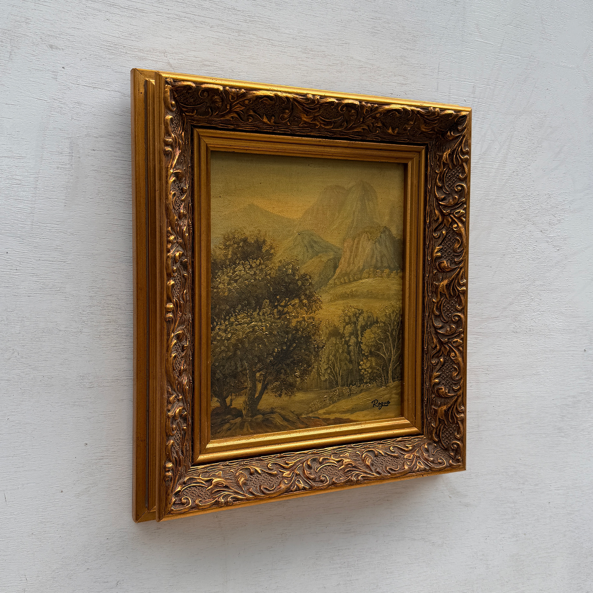 Vintage European Landscape Oil Painting, Mountain Valley Scenery Artwork with Gold Frame 31 × 36 cm