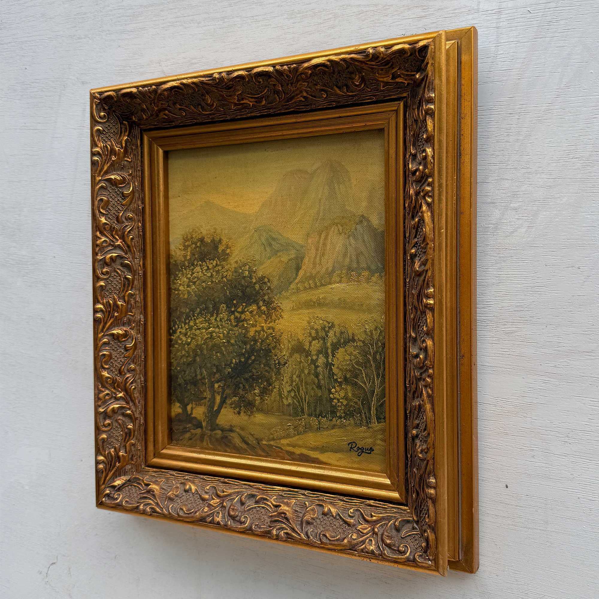 Vintage European Landscape Oil Painting, Mountain Valley Scenery Artwork with Gold Frame 31 × 36 cm
