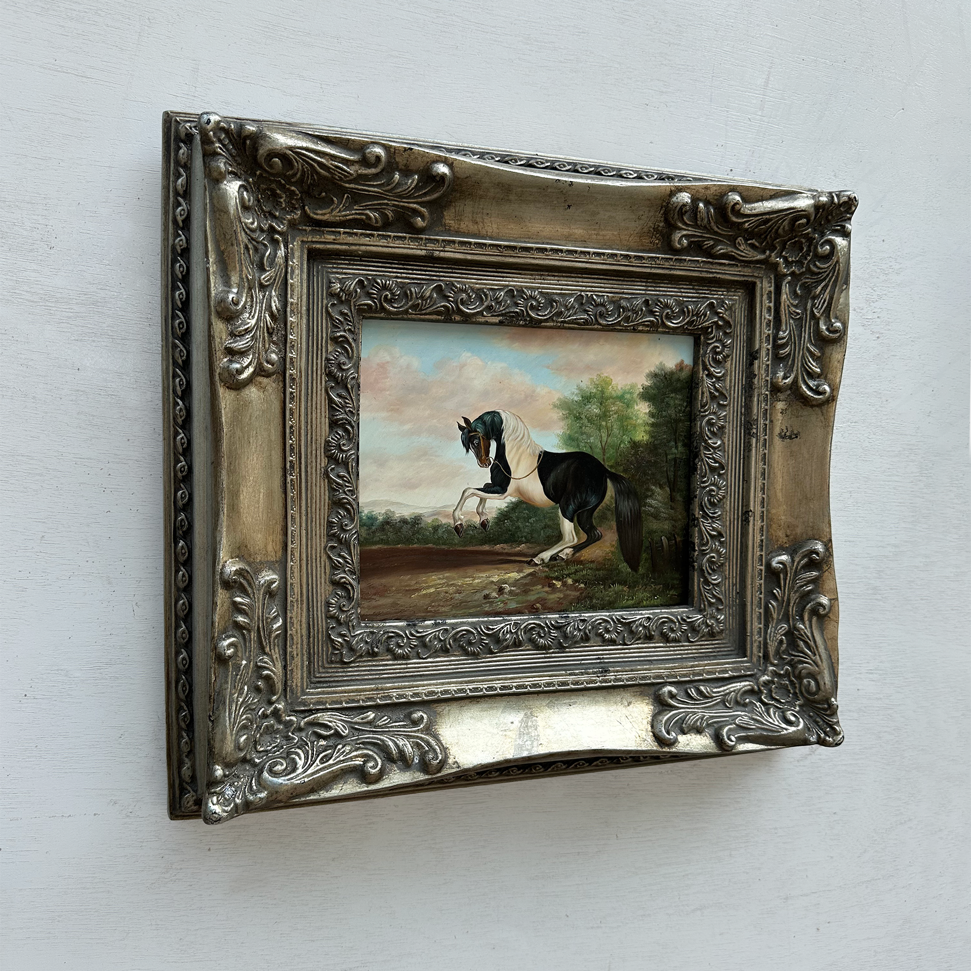 Vintage Horse Oil Painting, Black and White Rearing Horse Artwork, Ornate Silver Gold Framed Collectible Art 18.5×16.5 in