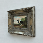 Vintage Horse Oil Painting, Black and White Rearing Horse Artwork, Ornate Silver Gold Framed Collectible Art 18.5×16.5 in