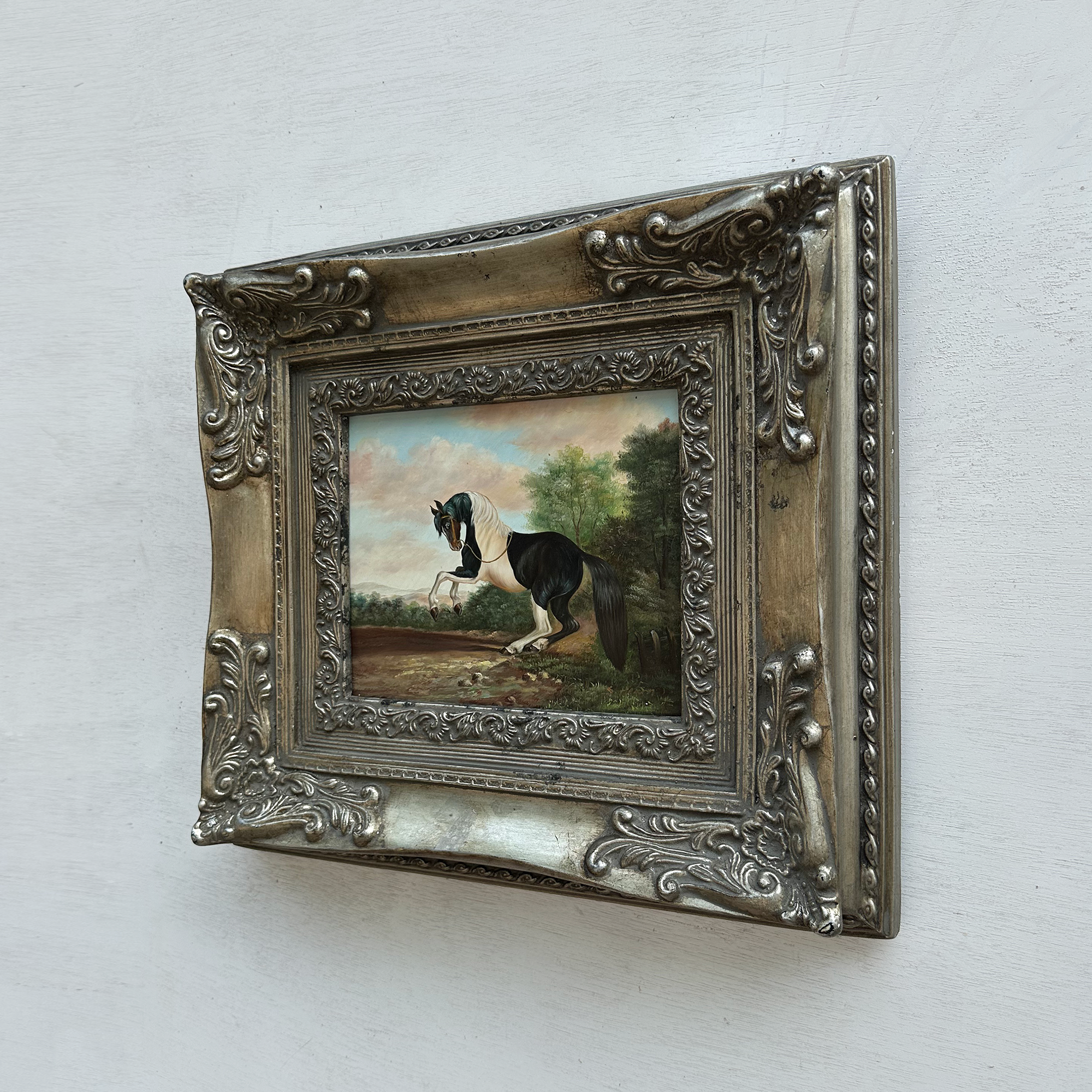 Vintage Horse Oil Painting, Black and White Rearing Horse Artwork, Ornate Silver Gold Framed Collectible Art 18.5×16.5 in