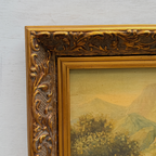 Vintage European Landscape Oil Painting, Mountain Valley Scenery Artwork with Gold Frame 31 × 36 cm