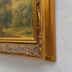 Vintage European Landscape Oil Painting, Mountain Valley Scenery Artwork with Gold Frame 31 × 36 cm