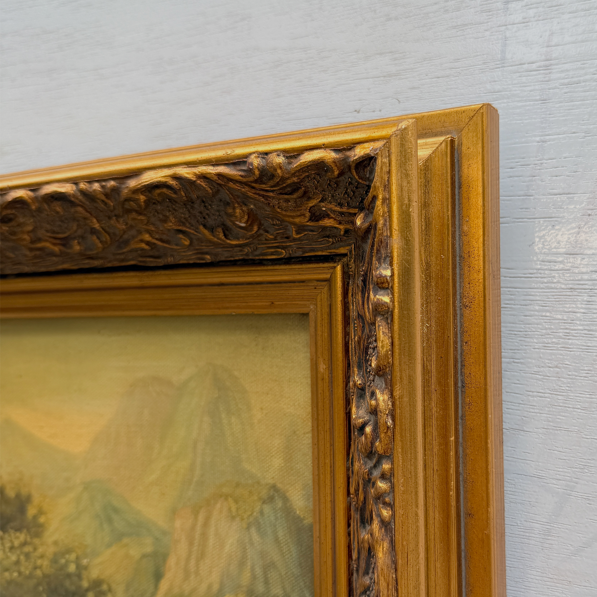 Vintage European Landscape Oil Painting, Mountain Valley Scenery Artwork with Gold Frame 31 × 36 cm