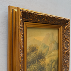 Vintage European Landscape Oil Painting, Mountain Valley Scenery Artwork with Gold Frame 31 × 36 cm