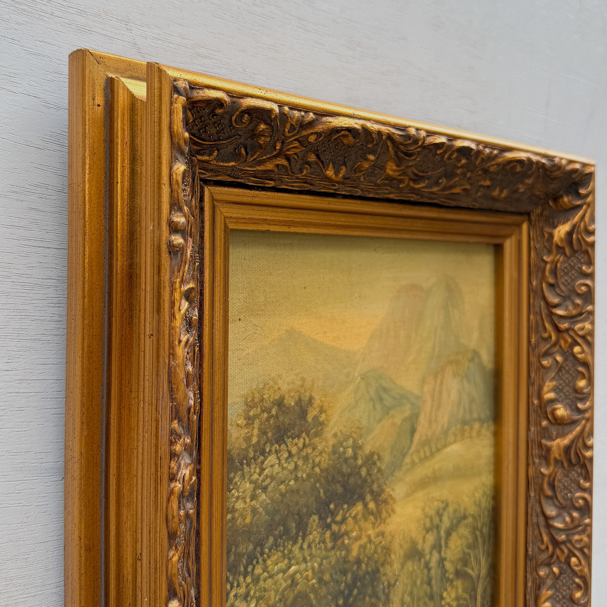 Vintage European Landscape Oil Painting, Mountain Valley Scenery Artwork with Gold Frame 31 × 36 cm