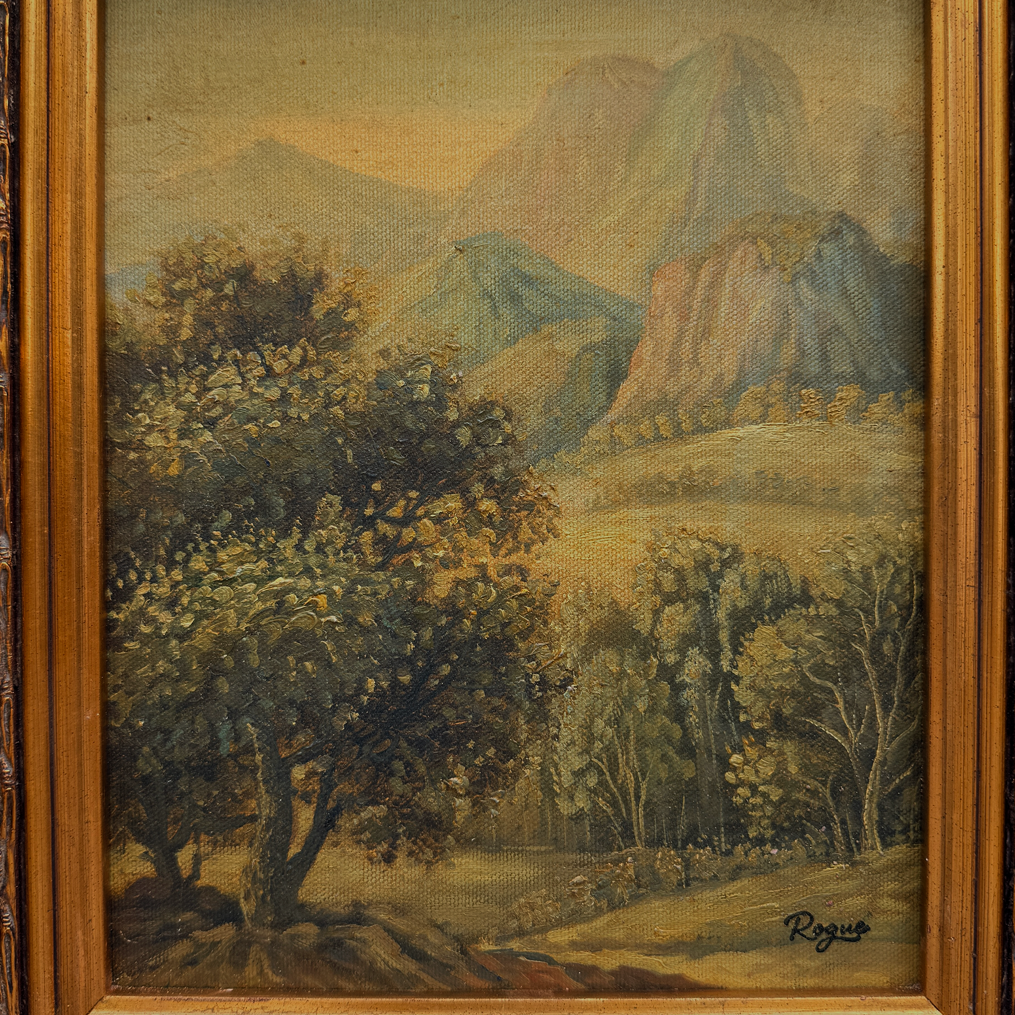 Vintage European Landscape Oil Painting, Mountain Valley Scenery Artwork with Gold Frame 31 × 36 cm