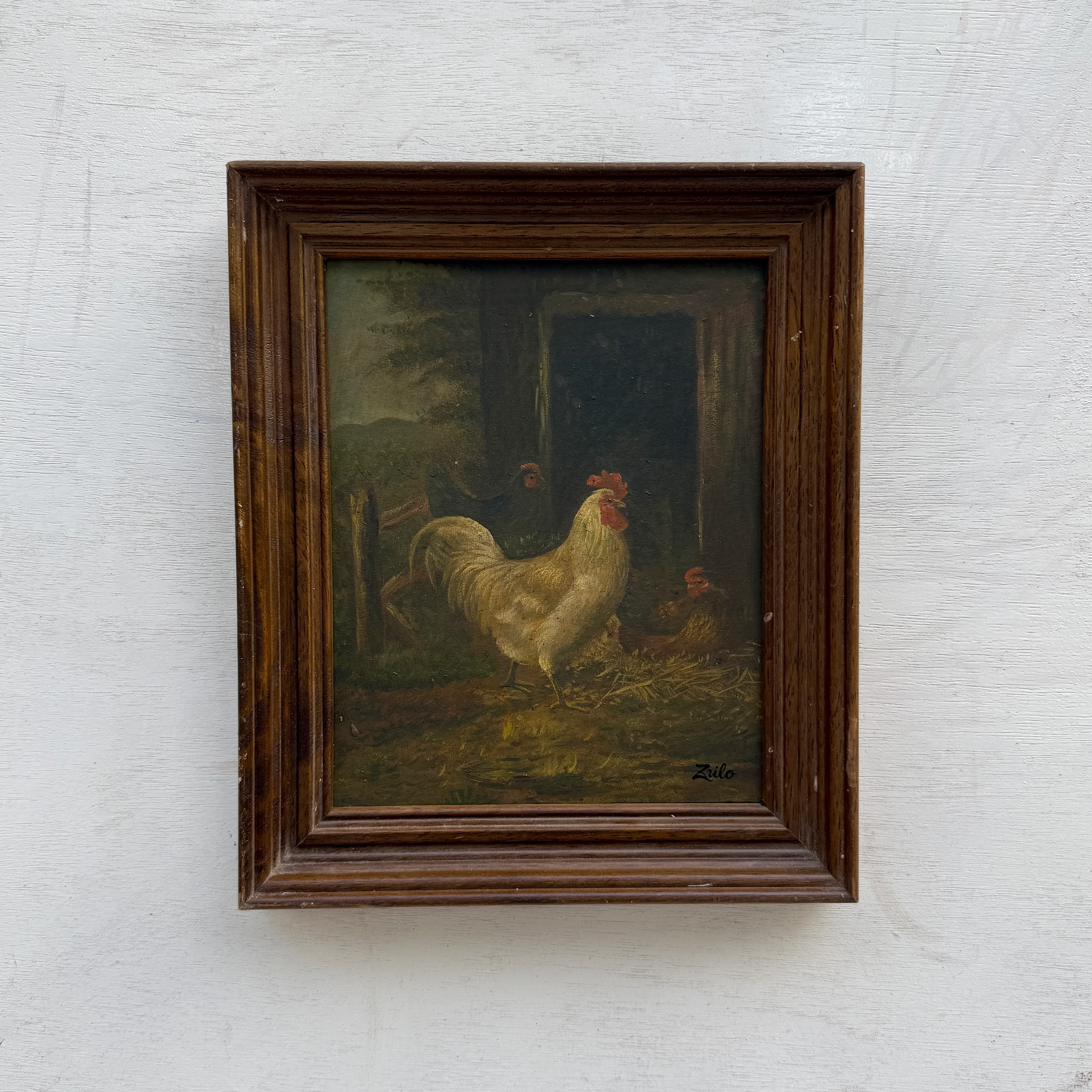 Original Vintage Farm Rooster Painting, Rustic Chicken Wall Art 10.4 × 12.4 in