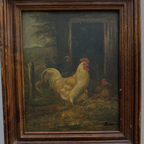 Original Vintage Farm Rooster Painting, Rustic Chicken Wall Art 10.4 × 12.4 in