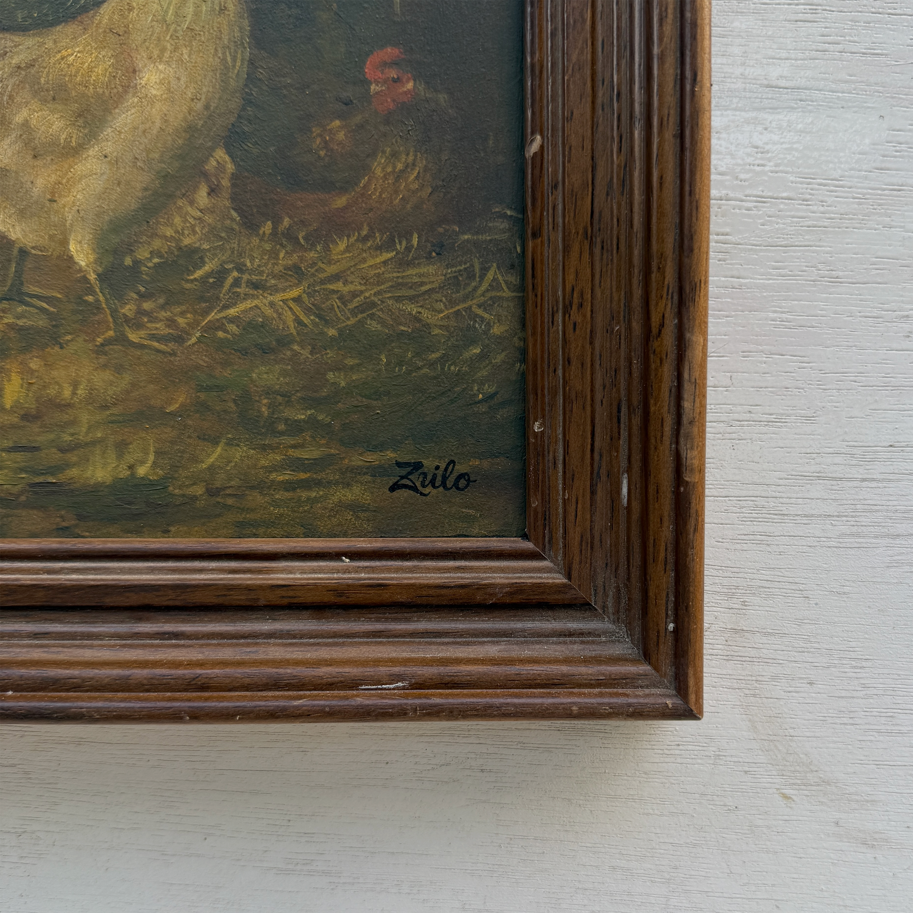 Original Vintage Farm Rooster Painting, Rustic Chicken Wall Art 10.4 × 12.4 in
