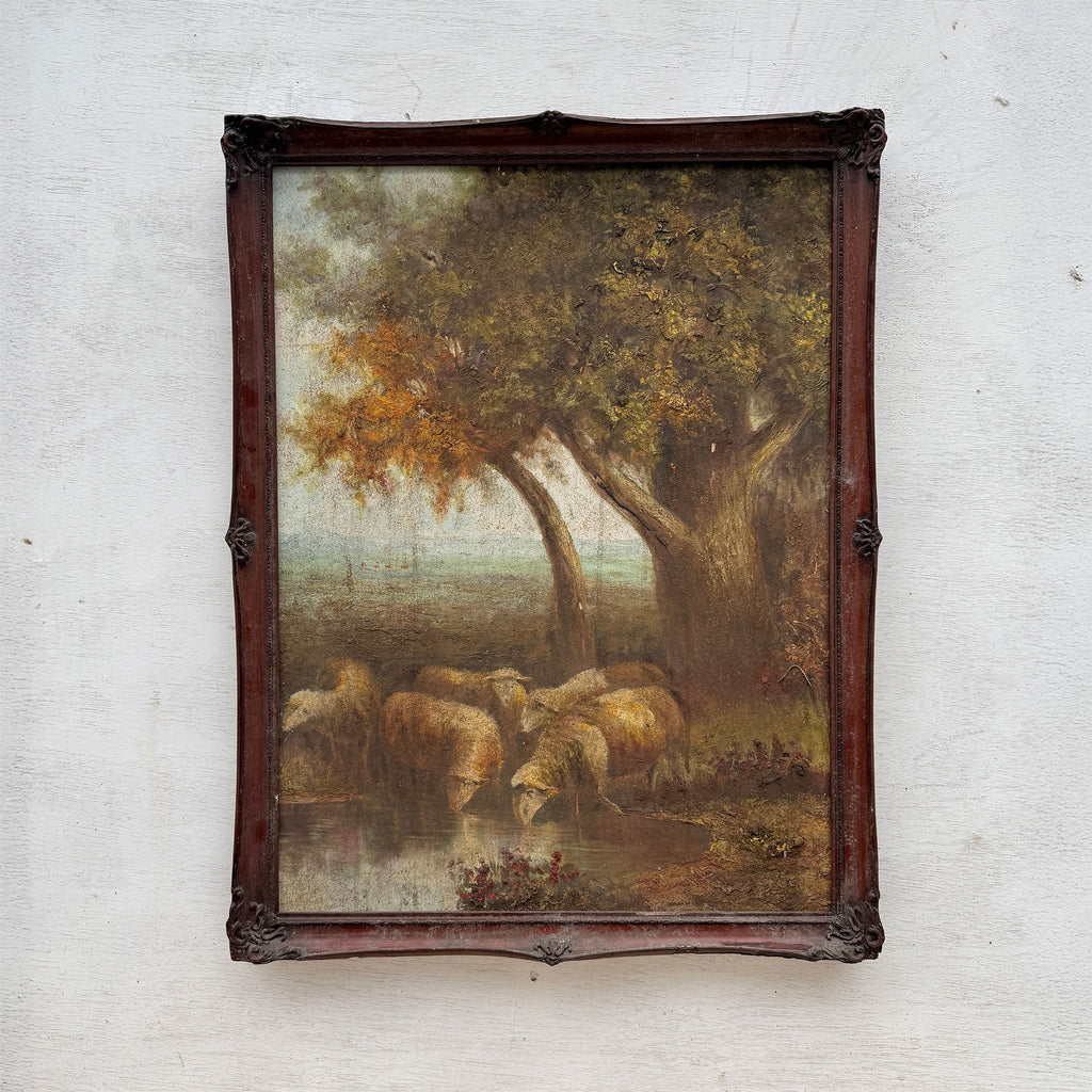 By the Still Water | Vintage Pastoral Landscape Oil Painting | Dark Wood Frame | 20.1×26.4in