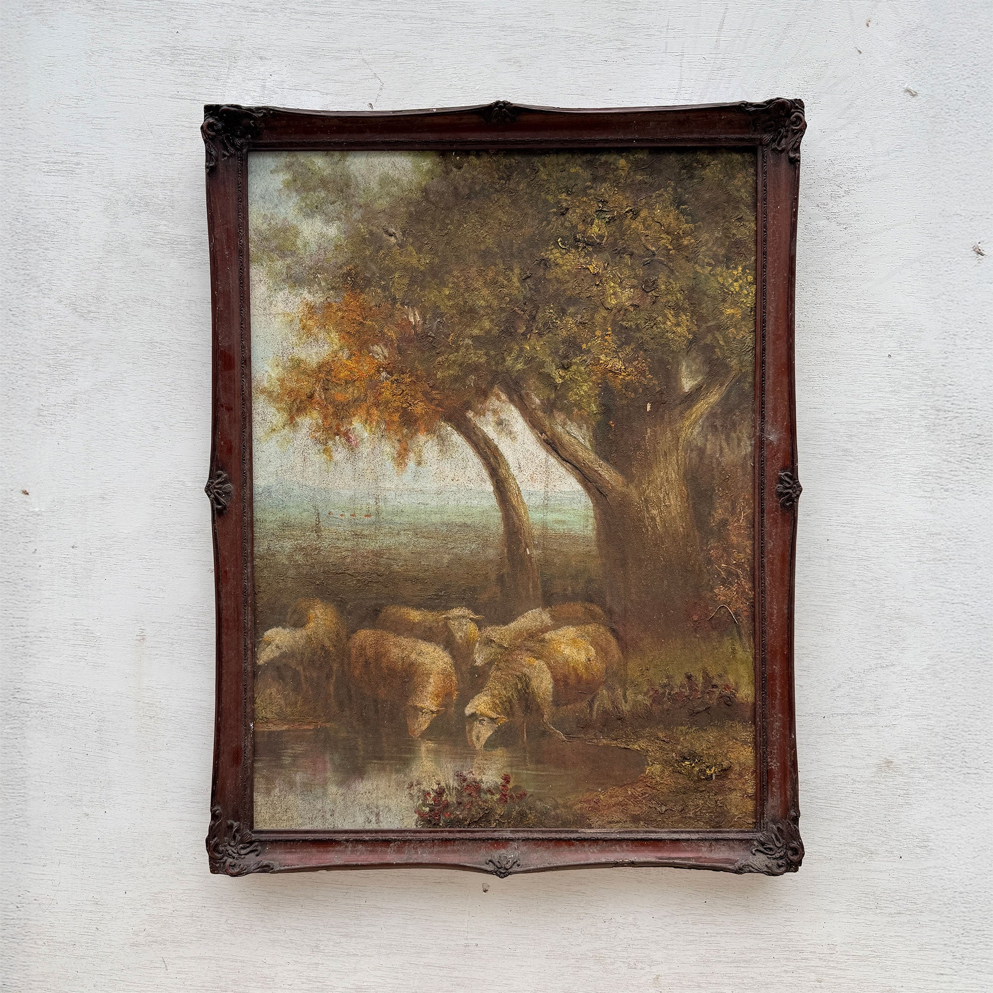 By the Still Water | Vintage Pastoral Landscape Oil Painting | Dark Wood Frame | 20.1×26.4in