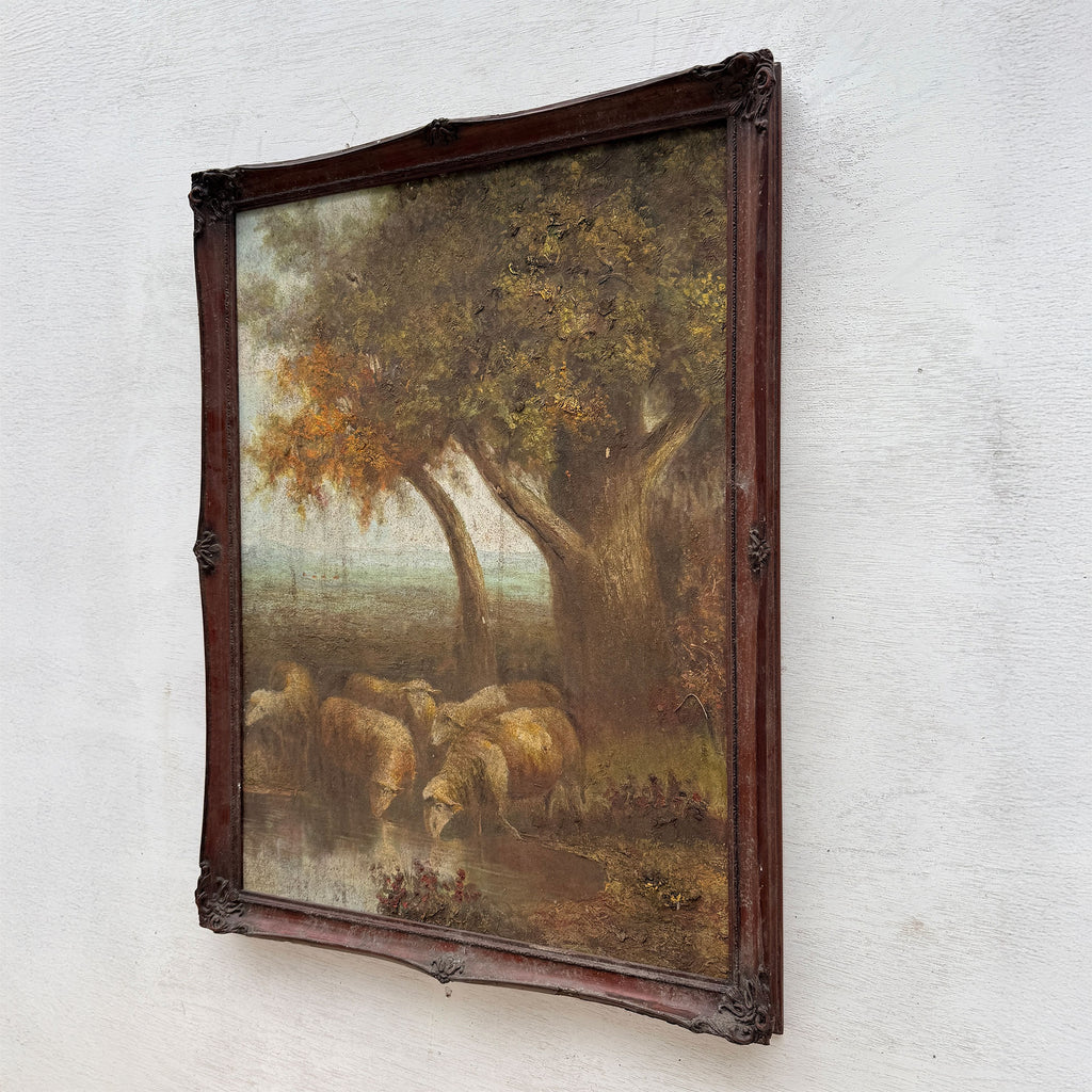 By the Still Water | Vintage Pastoral Landscape Oil Painting | Dark Wood Frame | 20.1×26.4in