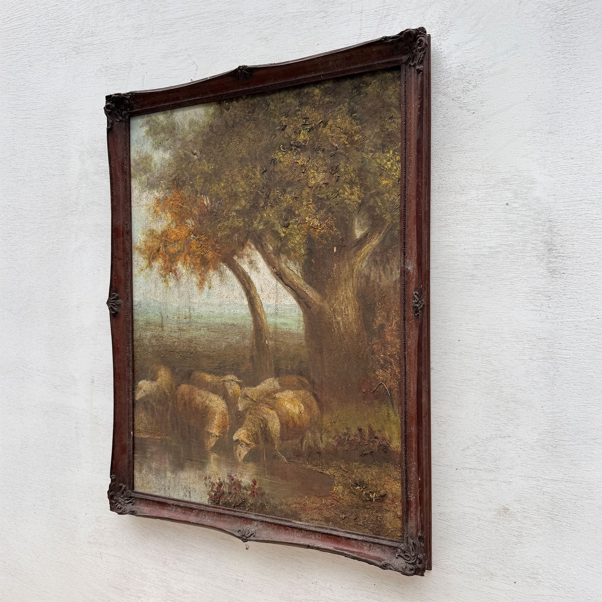 By the Still Water | Vintage Pastoral Landscape Oil Painting | Dark Wood Frame | 20.1×26.4in