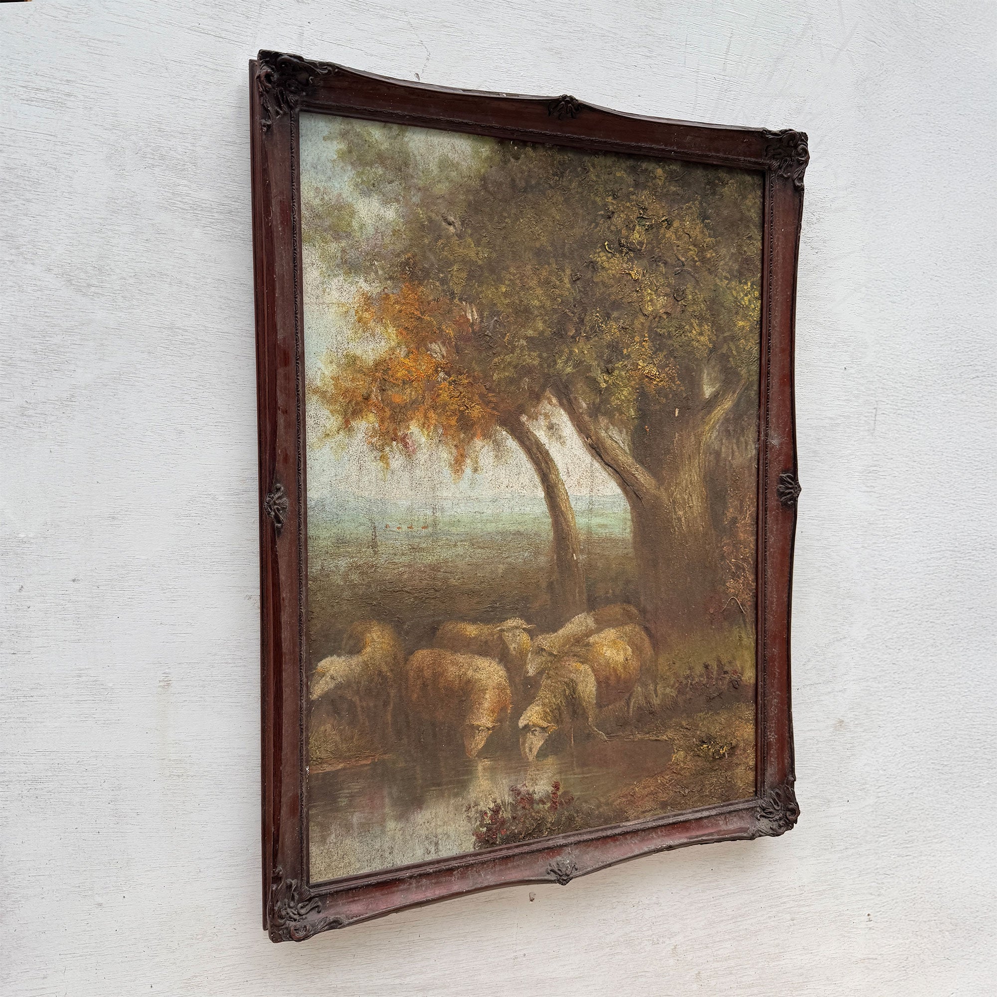 By the Still Water | Vintage Pastoral Landscape Oil Painting | Dark Wood Frame | 20.1×26.4in