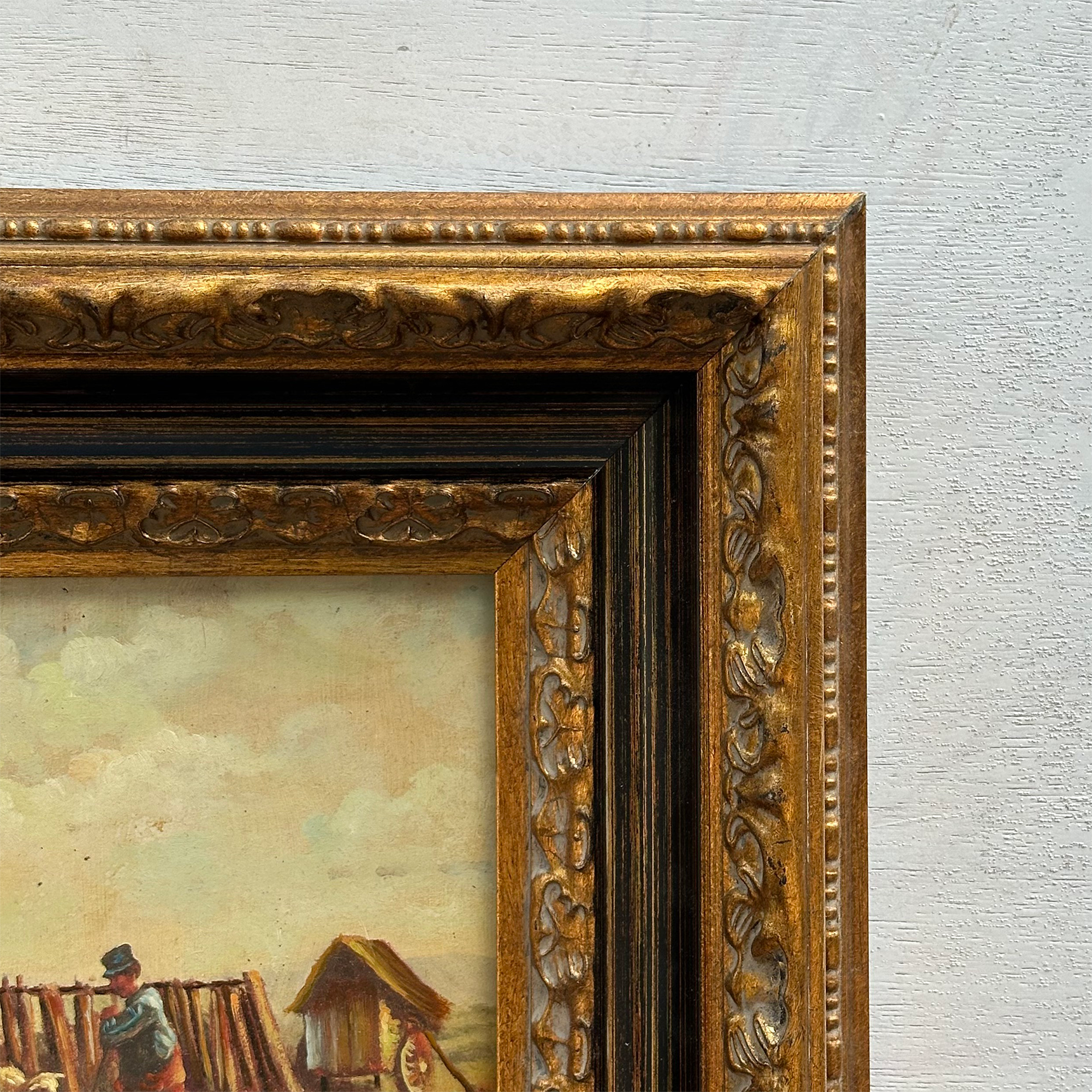 Original Vintage Sheep Farm Oil Painting, Rural Landscape Wall Art in Ornate Frame