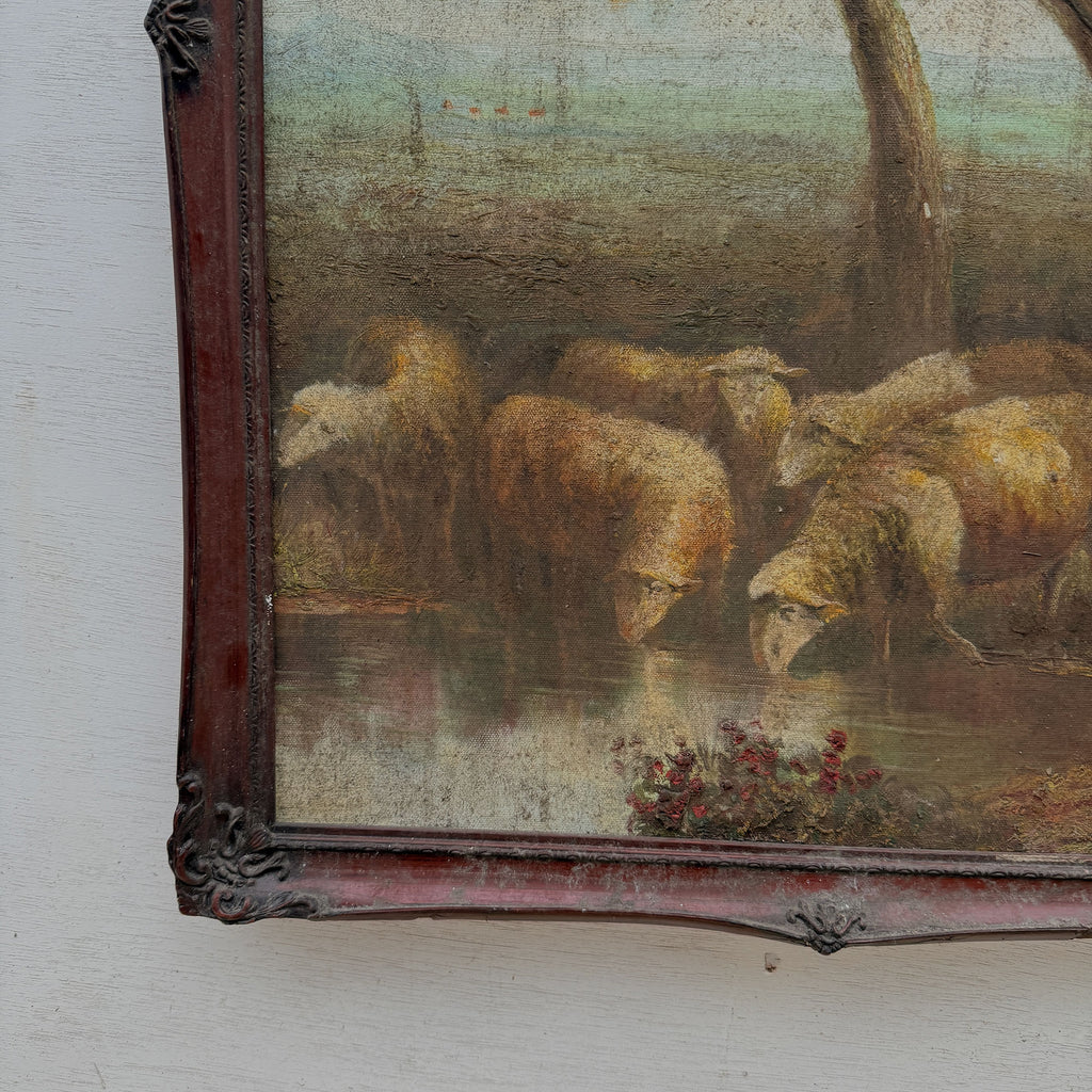By the Still Water | Vintage Pastoral Landscape Oil Painting | Dark Wood Frame | 20.1×26.4in