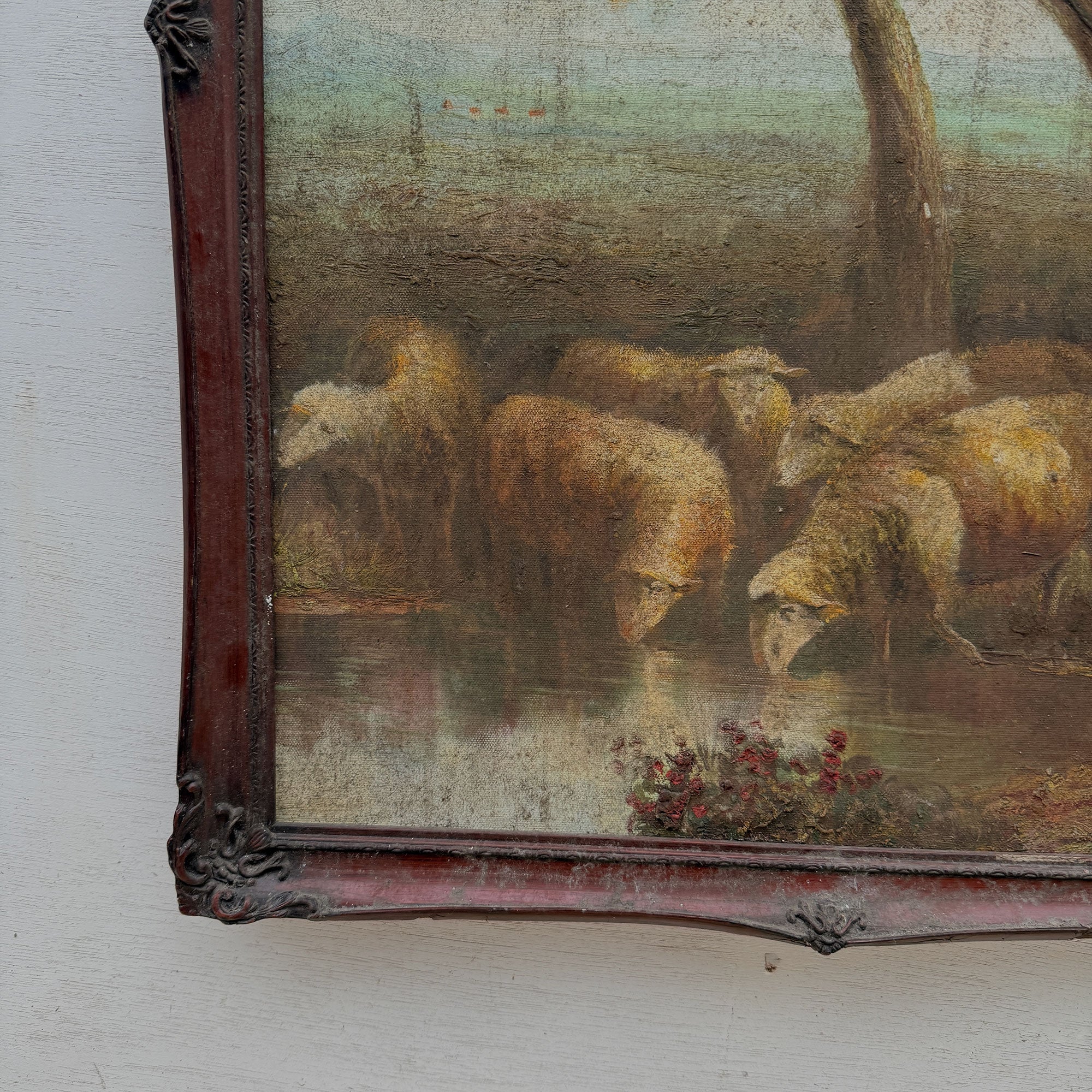 By the Still Water | Vintage Pastoral Landscape Oil Painting | Dark Wood Frame | 20.1×26.4in