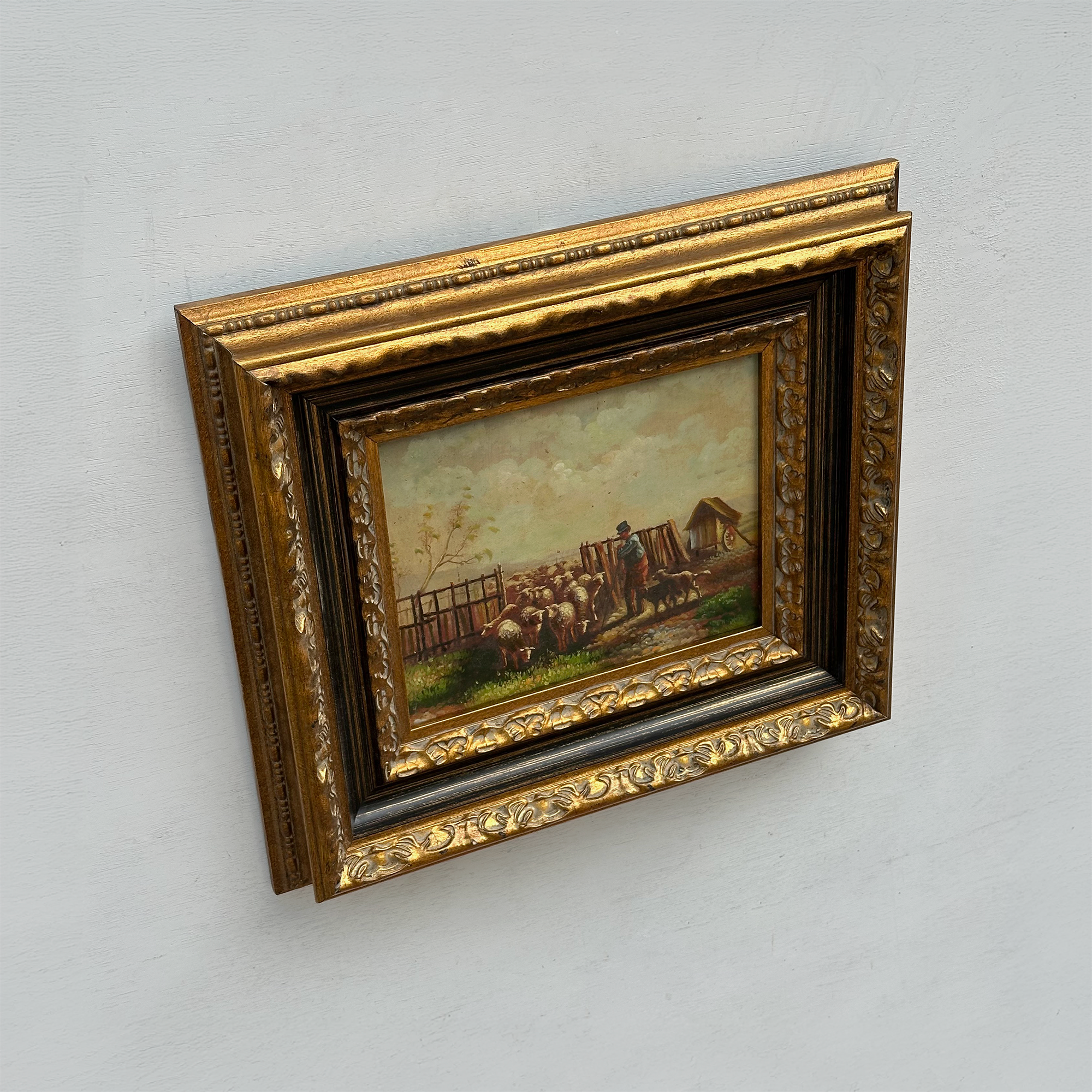 Original Vintage Sheep Farm Oil Painting, Rural Landscape Wall Art in Ornate Frame