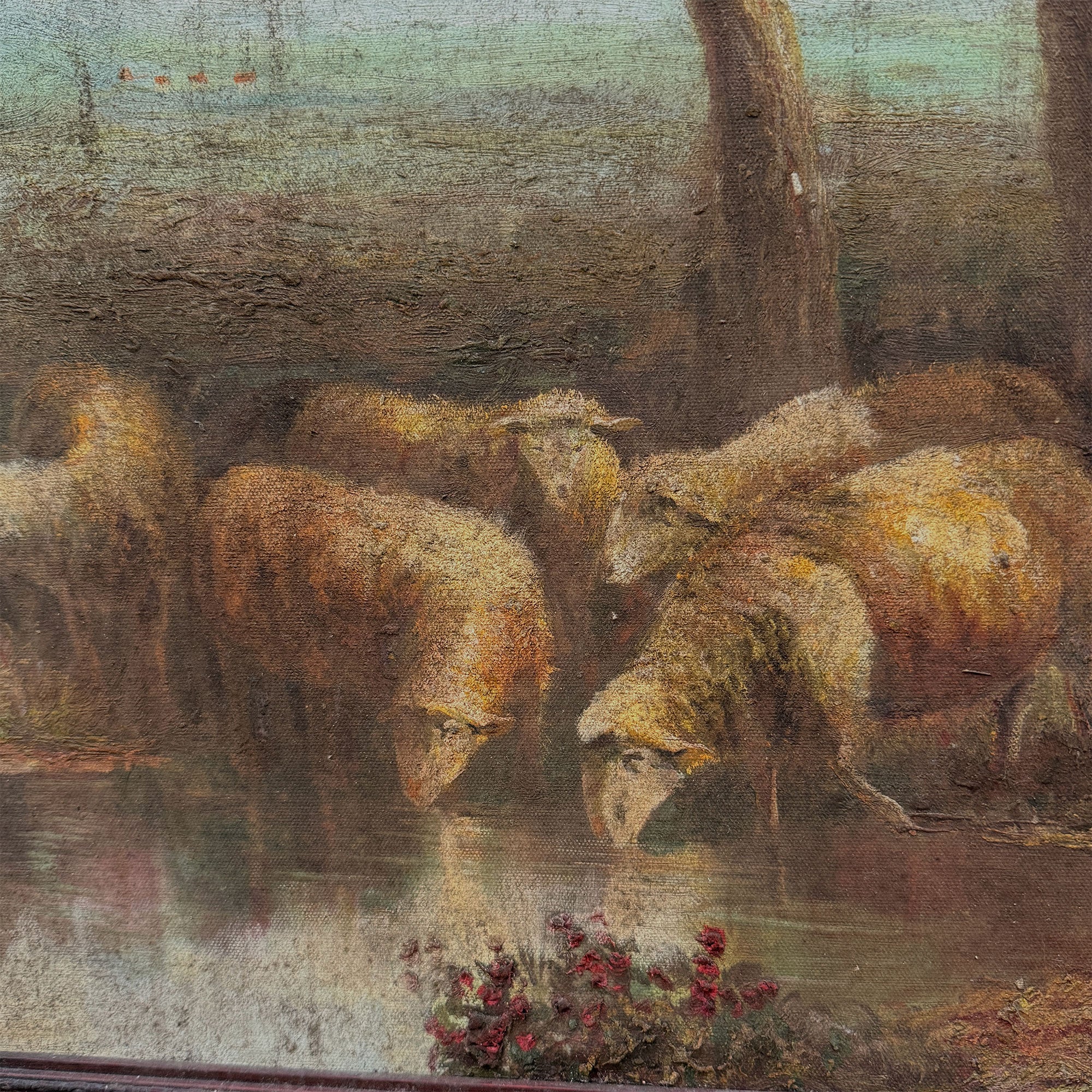 By the Still Water | Vintage Pastoral Landscape Oil Painting | Dark Wood Frame | 20.1×26.4in