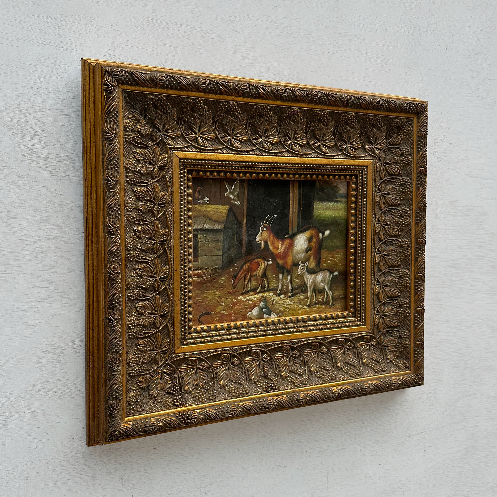 Original Farmhouse Goats Hand-Painted Oil Painting in Heavy Ornate Grapevine Gold Frame   ( with Frame 50 x 45 cm )