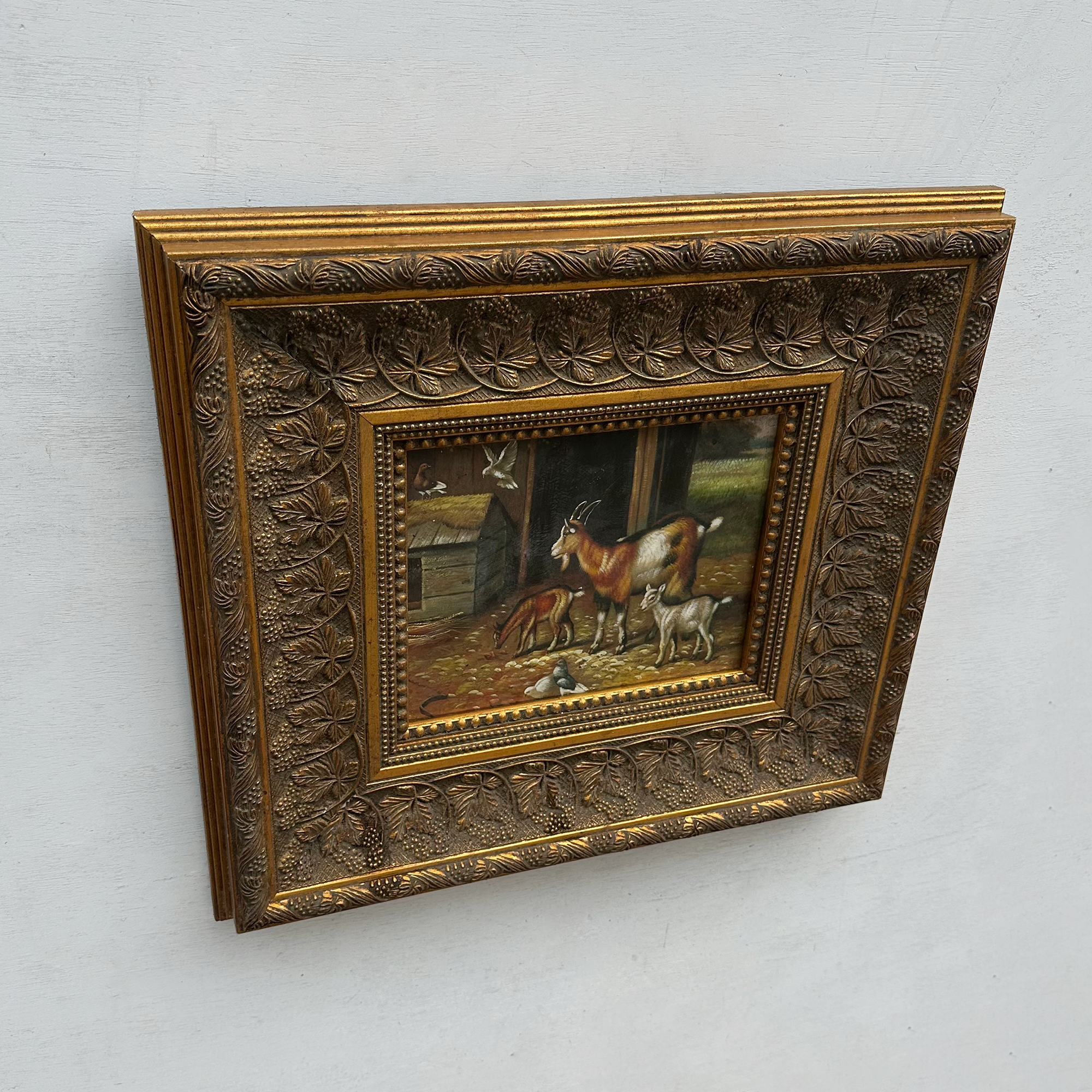 Original Farmhouse Goats Hand-Painted Oil Painting in Heavy Ornate Grapevine Gold Frame   ( with Frame 50 x 45 cm )