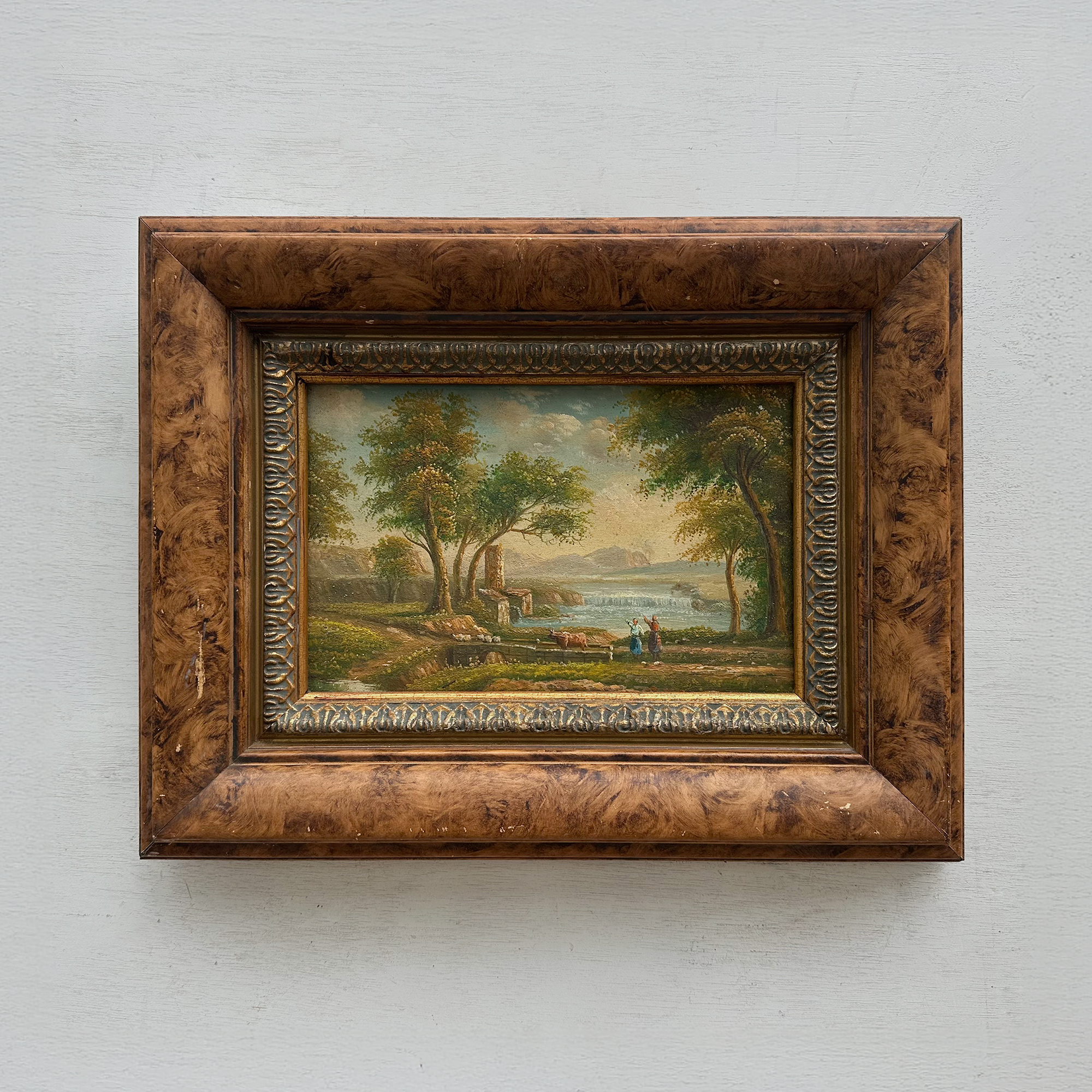 Original Hand-Painted Classical Pastoral Landscape Oil Painting in Heavy Broad Burlwood Style Frame