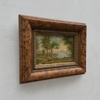 Original Hand-Painted Classical Pastoral Landscape Oil Painting in Heavy Broad Burlwood Style Frame