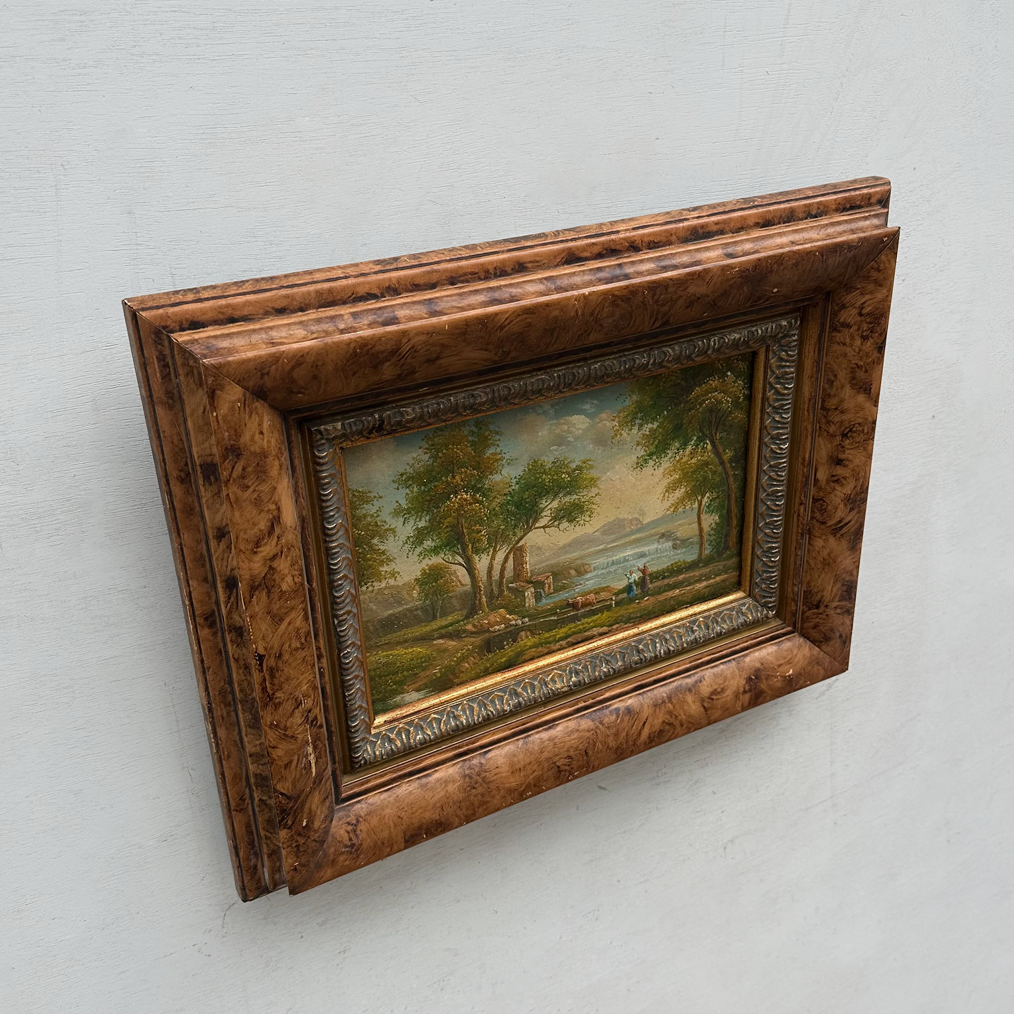 Original Hand-Painted Classical Pastoral Landscape Oil Painting in Heavy Broad Burlwood Style Frame