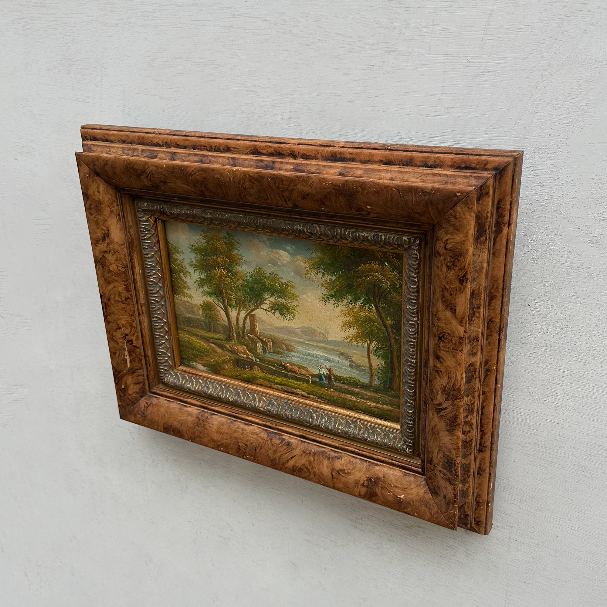 Original Hand-Painted Classical Pastoral Landscape Oil Painting in Heavy Broad Burlwood Style Frame