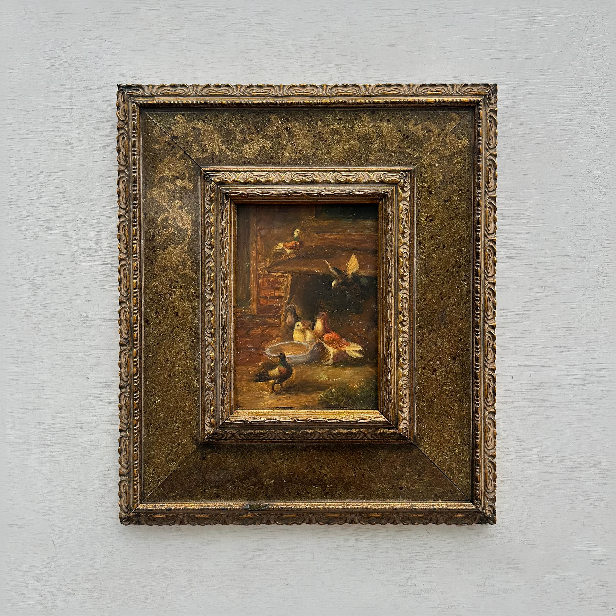 Hand Painted European Farmyard Ducks Oil Painting in Ornate Vintage Frame (12.6 × 14.6 inches)