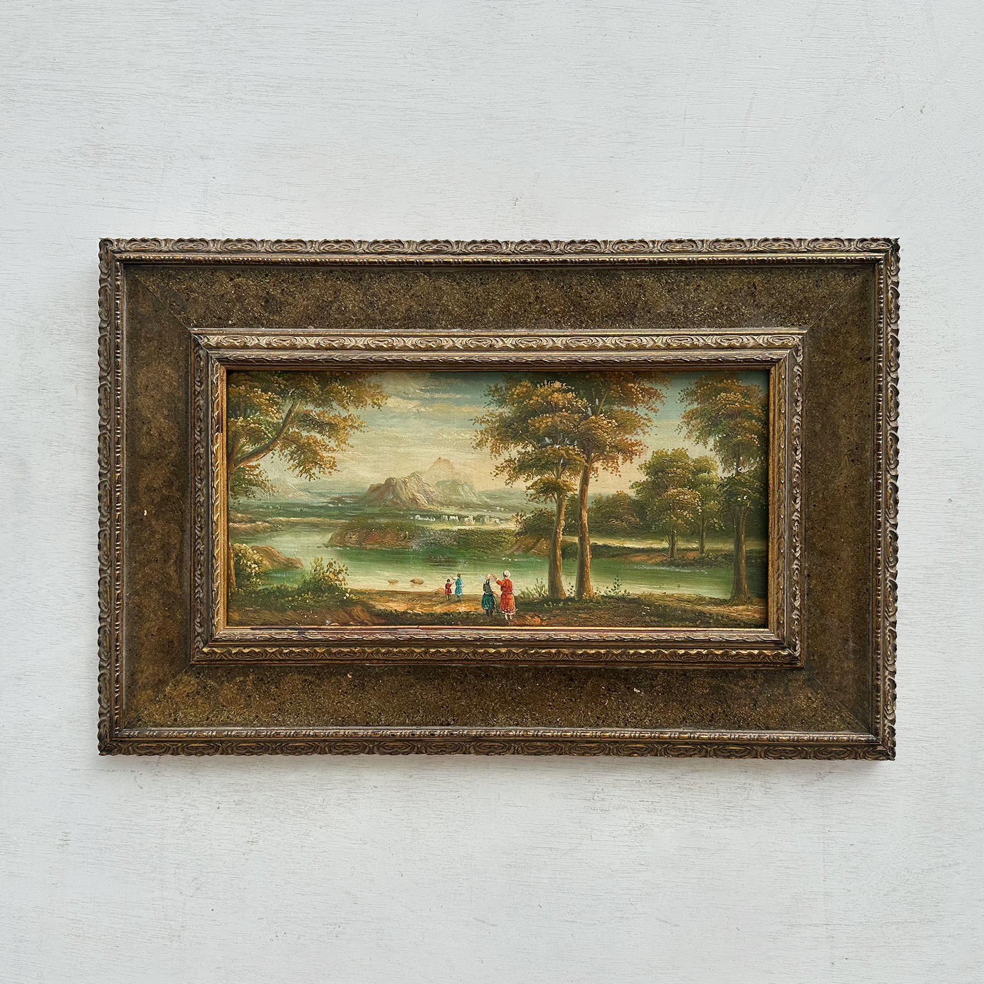 Original Vintage European Lake Landscape Oil Painting, Framed Panoramic Scenic Art  23.2×15.4 in
