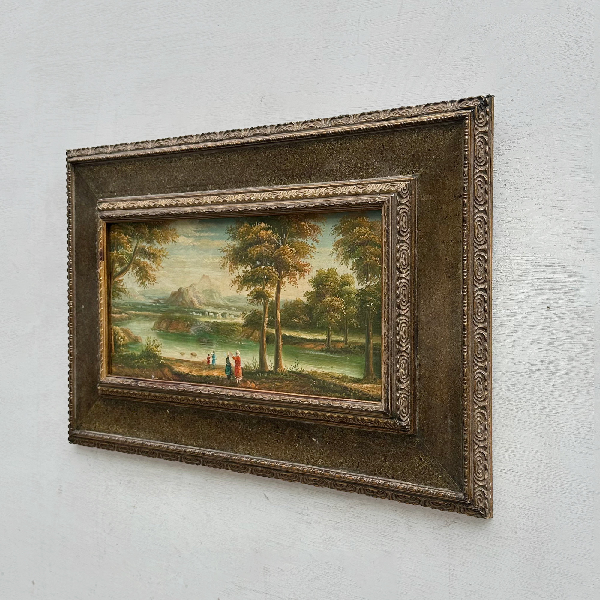 Original Vintage European Lake Landscape Oil Painting, Framed Panoramic Scenic Art  23.2×15.4 in