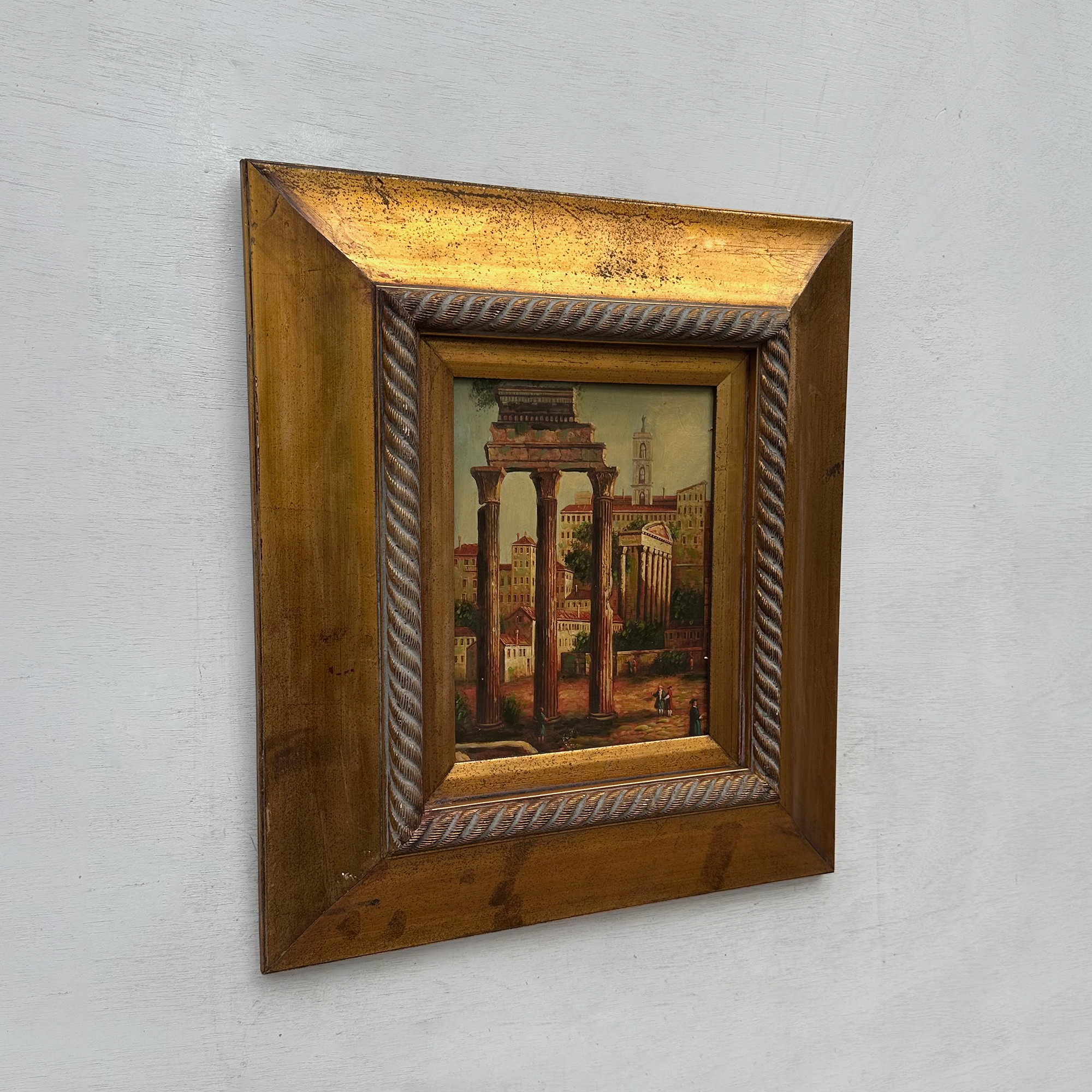 Original Vintage Roman Ruins Oil Painting, Classical European Architecture Art in Gold Frame