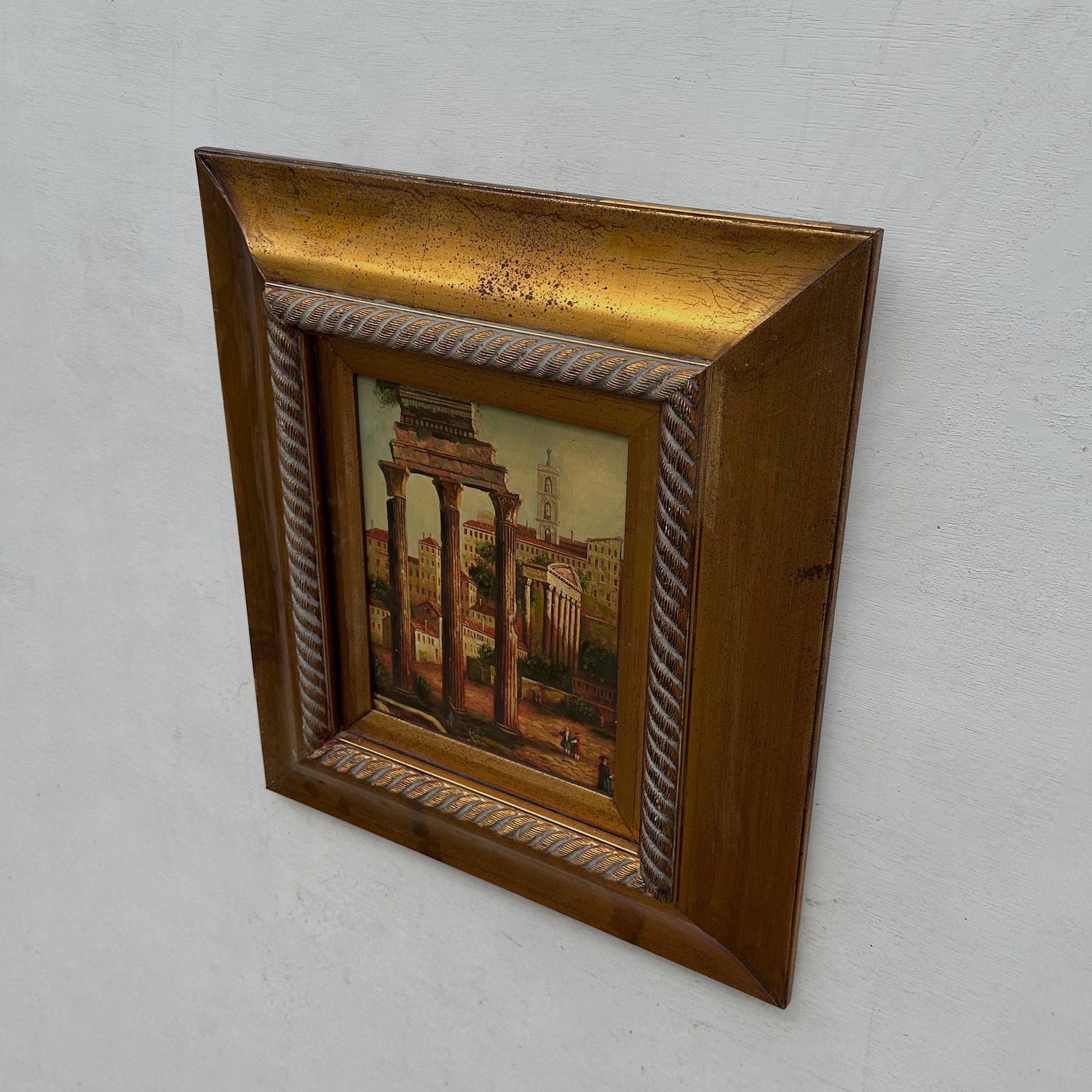 Original Vintage Roman Ruins Oil Painting, Classical European Architecture Art in Gold Frame
