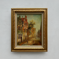 Vintage Dutch Old Town Oil Painting, European Architectural Street Scene in Ornate Gilded Frame
