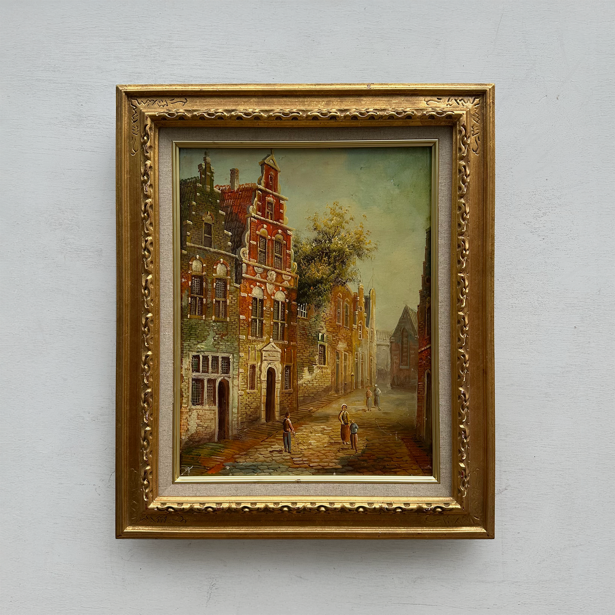 Vintage Dutch Old Town Oil Painting, European Architectural Street Scene in Ornate Gilded Frame