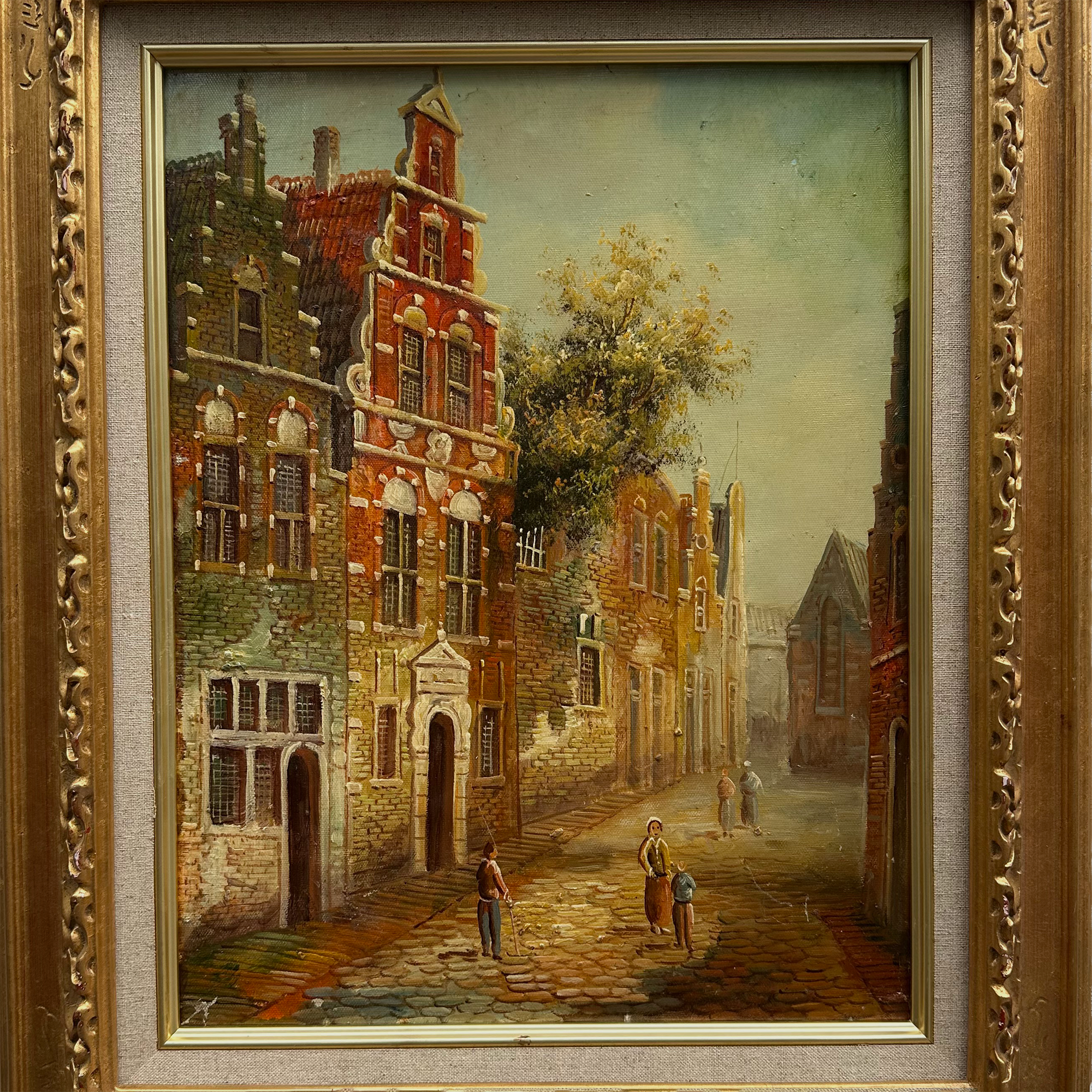 Vintage Dutch Old Town Oil Painting, European Architectural Street Scene in Ornate Gilded Frame