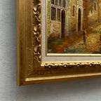 Vintage Dutch Old Town Oil Painting, European Architectural Street Scene in Ornate Gilded Frame