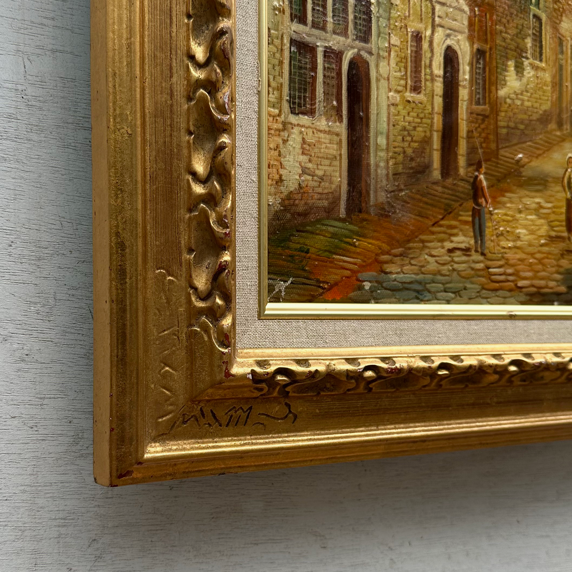 Vintage Dutch Old Town Oil Painting, European Architectural Street Scene in Ornate Gilded Frame