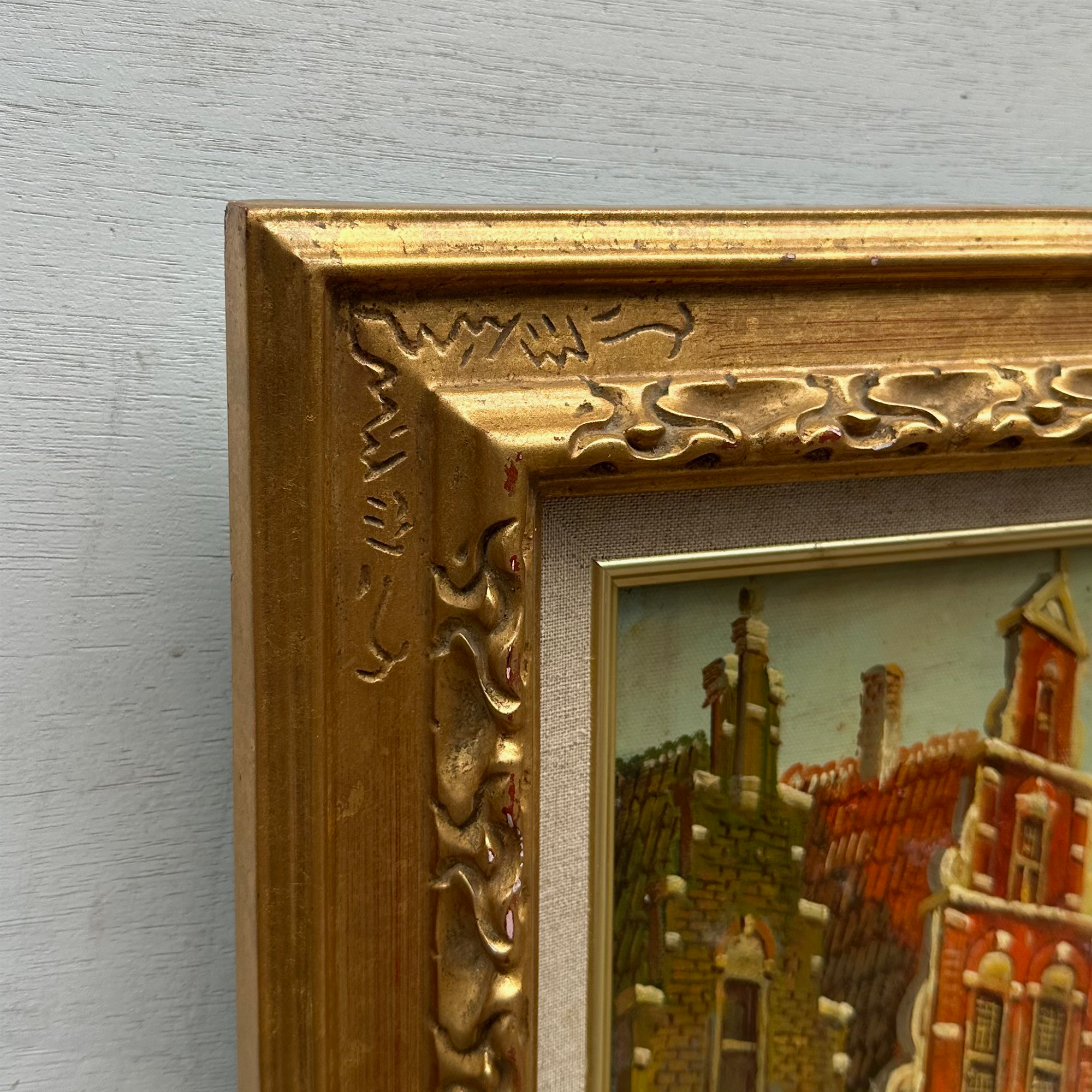 Vintage Dutch Old Town Oil Painting, European Architectural Street Scene in Ornate Gilded Frame