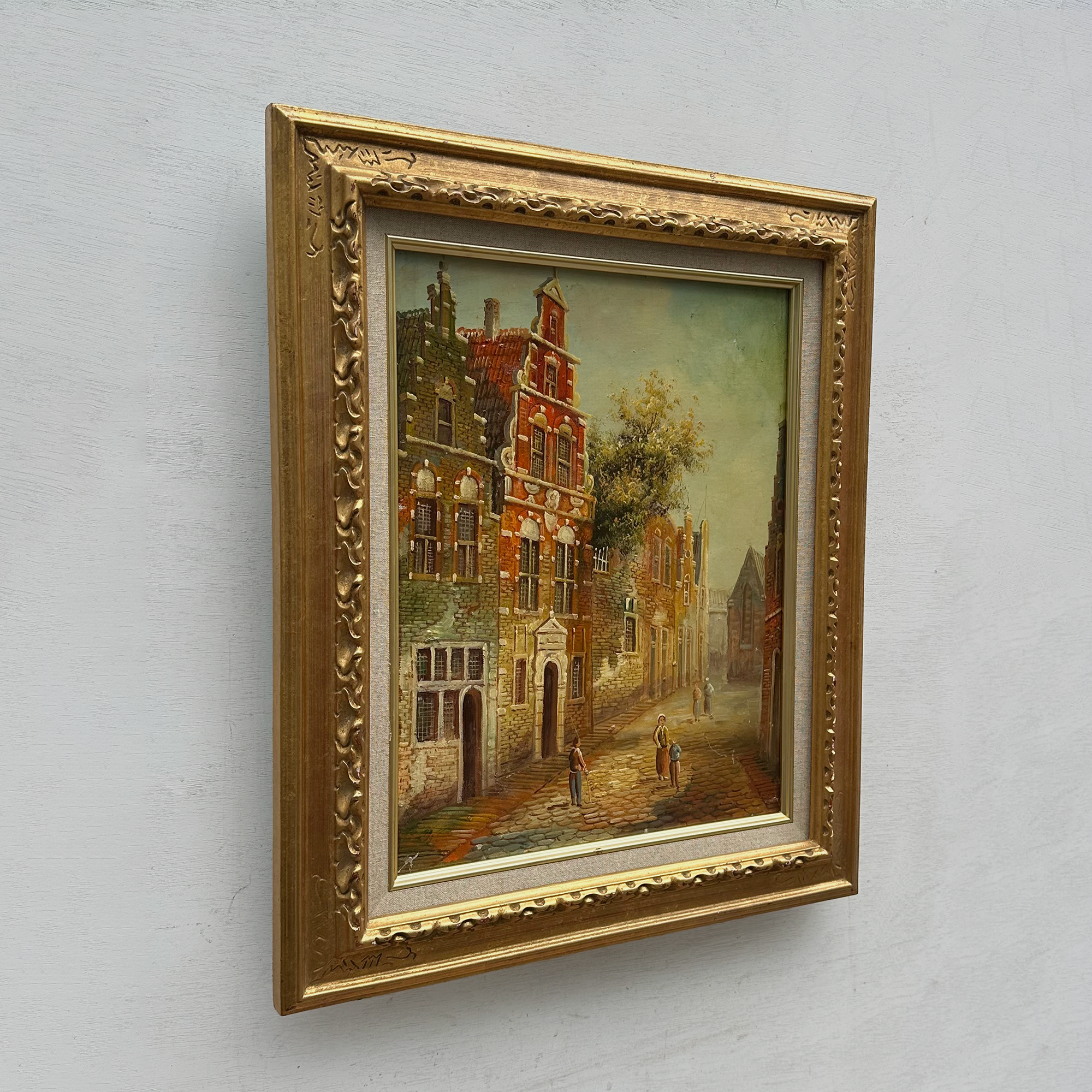 Vintage Dutch Old Town Oil Painting, European Architectural Street Scene in Ornate Gilded Frame